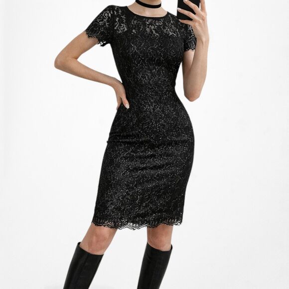American Vintage Dresses & Skirts - Vintage Y2K Black Knee Length Bodycon Lace Short Sleeve Cocktail Dress Size 6/M